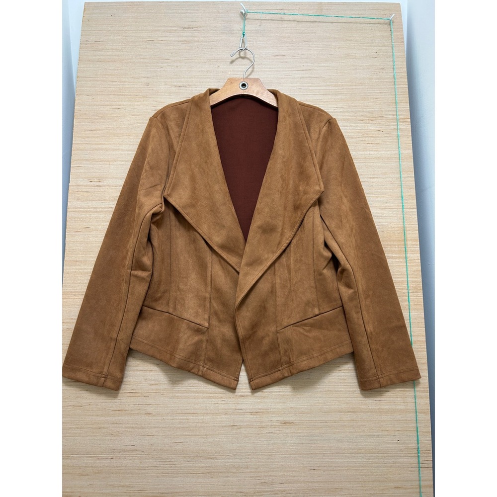 Allegra K Brown Faux Suede Open Front Draped Waterfall Crop‎ Jacket Blazer Large